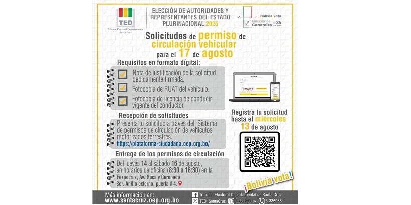 TED Santa Cruz recibe solicitudes de circulación vehicular para el día de las Elecciones Generales